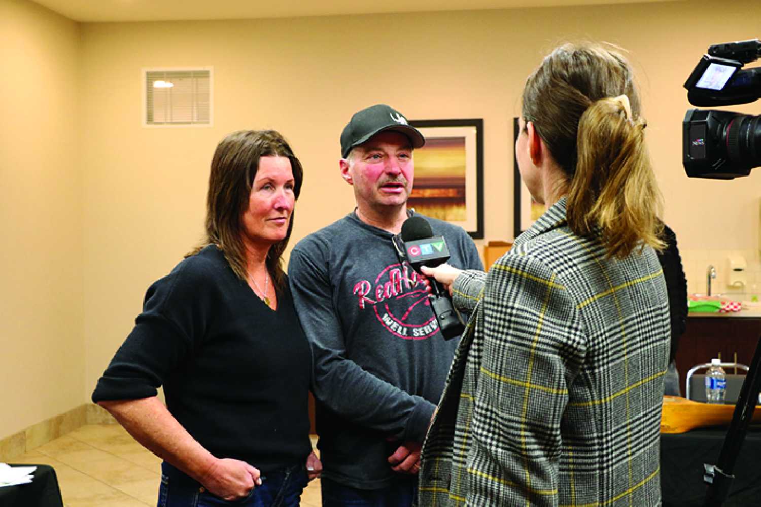 Lisl Gunderman and Darrell Hunter interviewed by CTV News Yorkton at the Moosomin Chamber of Commerce meeting on Tuesday.
